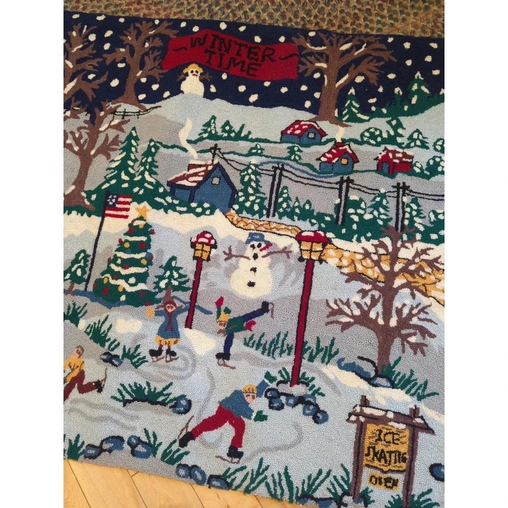 Vintage Micro Hook‎ Rug Wall Hanging Winter Scene Folk Christmas 3' x 5' Wool